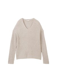 Beige stickad tröja med V-ringning, med ett texturerat ribbmönster och ett diagonalt designelement framtill. Långa ärmar och cropped passform.