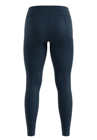 Leggings bleu marine en tissu extensible et lisse. Dotés d'une taille haute et d'une petite poche au dos. Design simple et ajusté.