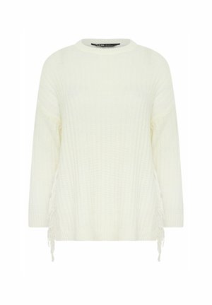 Valkoinen neulepusero, jossa on ribbikuviointi ja fringed-yksityiskohtia sivuilla sekä pyöreä pääntie. Pitkät hihat täydentävät muotoilua.