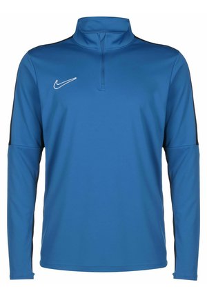 Blauw, lang mouwensportshirt met een hoge kraag en halve rits, met zwarte accenten op de mouwen en een wit Nike-logo.