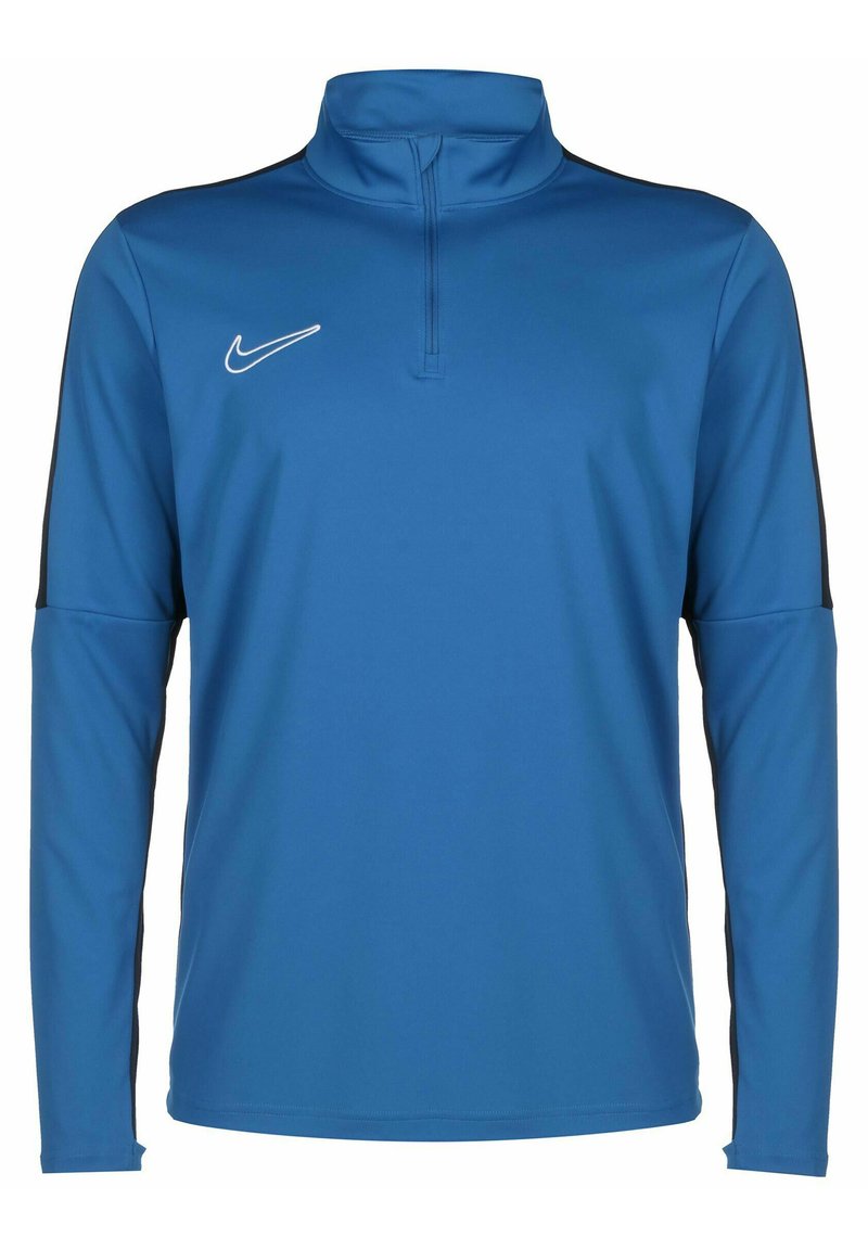 Blaues, langärmliges Sportshirt mit hohem Kragen und halbem Reißverschluss, das schwarze Akzente an den Ärmeln und ein weißes Nike-Logo aufweist.