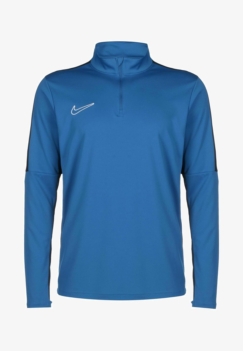 Blaues, langärmliges Sportshirt mit hohem Kragen und halbem Reißverschluss, das schwarze Akzente an den Ärmeln und ein weißes Nike-Logo aufweist.