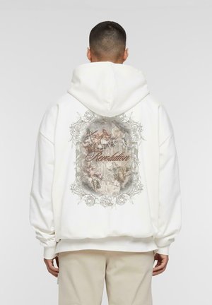 White hoodie with a large, detailed graphic on the back featuring roses and a vintage-style design with the word "Revolution."