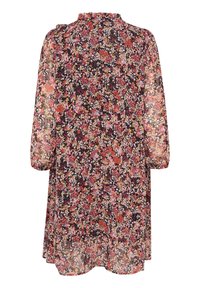 Květinové šaty s průhlednou tkaninou na černém podkladu, multicolor květinovým vzorem, dlouhými rukávy a nařaseným výstřihem.