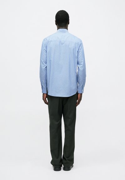 Vīrietis stāv, skatoties prom, valkājot gaiši zilu un baltu svītrainu garroku krekla, tumši zaļas bikses un melnus apavus uz baltas fonā.