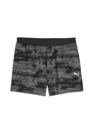 Schwarz-grau gemusterte Sportshorts mit einem einfarbigen schwarzen Bund und einem kleinen weißen Puma-Logo am linken Bein.