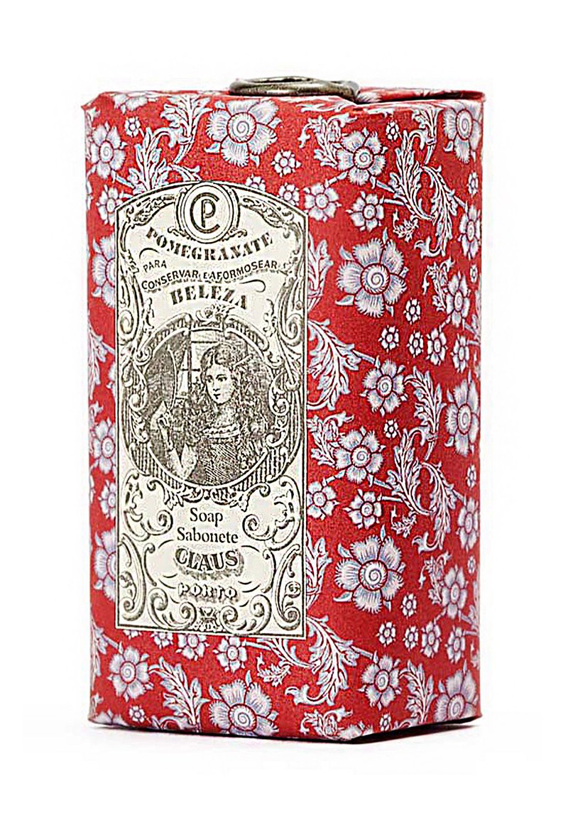 Rote Seifenbox mit floralem Muster und vintage Illustration. Verfügt über ein weißes Etikett mit dem Text "Granatapfel-Seife" und dekorativem Rand.