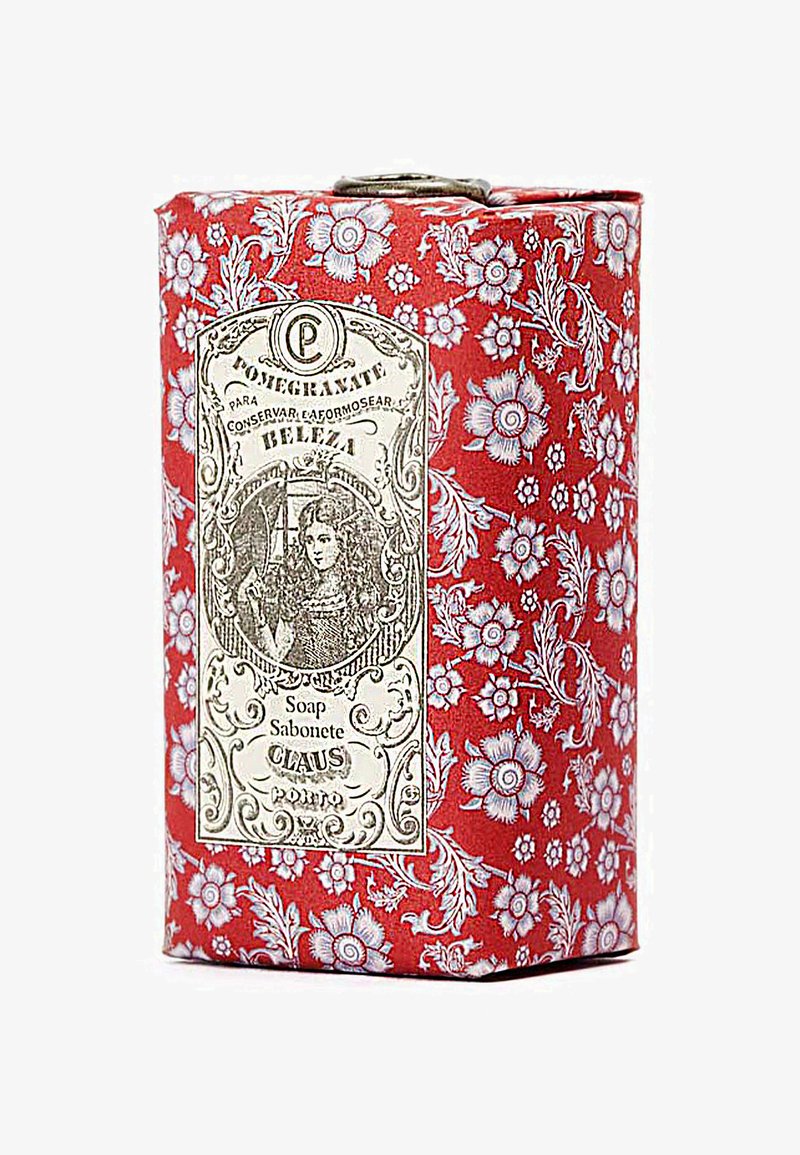 Rote Seifenbox mit floralem Muster und vintage Illustration. Verfügt über ein weißes Etikett mit dem Text "Granatapfel-Seife" und dekorativem Rand.