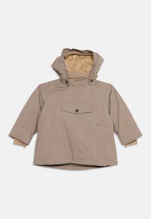 Beige hooded winter jacket with front buttoned pocket and plush inner lining, displayed flat with sleeves extended.