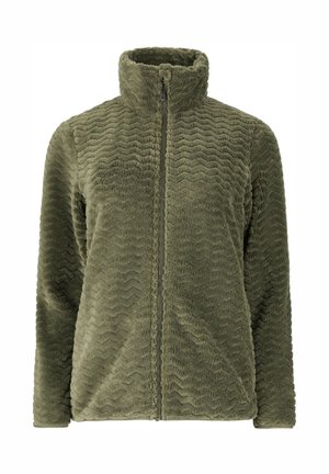 Olivengrøn fleecejakke med fuld lynlås, tekstureret chevronmønster og høj krave for varme.