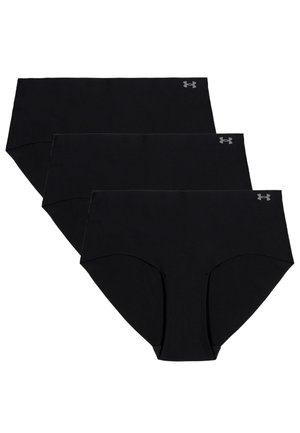 Svart underklädeset, tre delar; slät tyg, hög midja, elastisk midjeband, logotyp i grått på vänster sida.