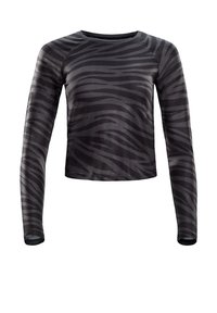 Langarm T-shirt met een getailleerd ontwerp, gemaakt van gladde zwarte stof met een subtiel zebra-patroon. Rond de halslijn en nauwsluitende manchetten.
