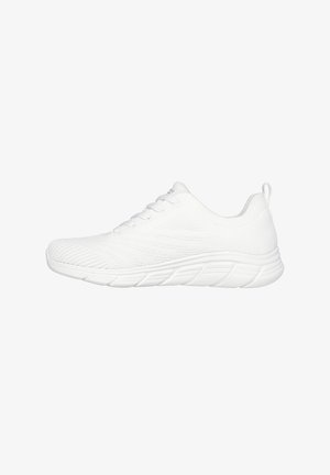 White athletic shoe with a textured knit upper, lace-up design, cushioned outsole, and a pull tab at the heel for easy wear.