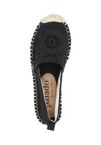 Espadrilles negras con parte superior tejida, diseño redondo y ribete de yute beige en contraste. Presentan un lado elástico para facilitar su uso, con detalle del logo en el interior.