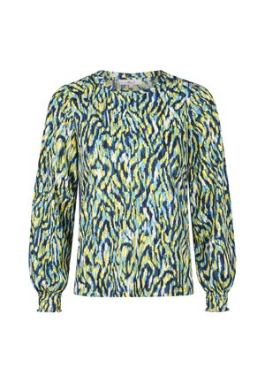Blouse met lange mouwen en geplooide manchetten, met een multicolor abstract dierenprint in blauw, geel, wit en groene tinten.