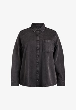 Zwarte denim blouse met lange mouwen, knoopsluiting aan de voorkant, puntige kraag, één borstzak en een zachte textuur. Licht getailleerde pasvorm.