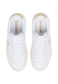 White leather sneakers with a smooth finish, contrasting beige accents, flat laces, and perforations on the toe for breathability.