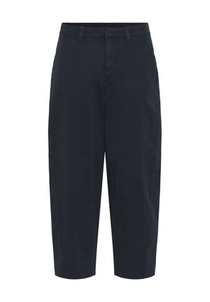 Pantalon court taille haute bleu marine avec passants de ceinture, poches latérales et fermeture éclair frontale.