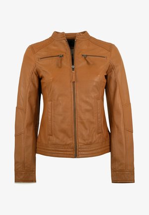 Braune Lederjacke mit Frontreißverschluss, zwei Brusttaschen mit Reißverschluss und gesteppten Details an Ärmeln und Saum.