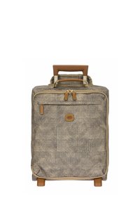 Valise en tissu tissé beige et marron avec une surface texturée, poignée en cuir marron, double zips et détail de poche avant.