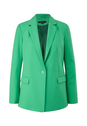 Grøn skræddersyet blazer med enkelt knap, hakkrave, lange ærmer og to forlommer med klap, foret indvendigt.