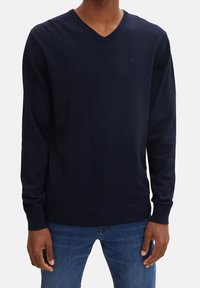 Navy v-ringad tröja i mjukt stickat material. Långa ärmar med ribbade muddar och nederkant. Minimalistisk design med en liten logotyp på bröstet.