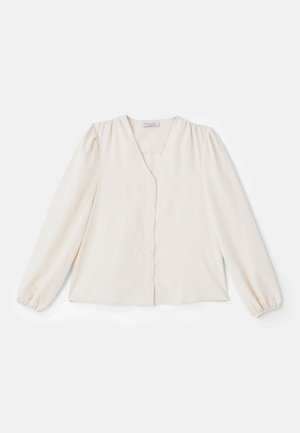 Ivory bluzica z dolgimi nabranimi rokavi, V-izrezom in zapenjanjem na gumb spredaj. Gladka tkanina, ki ponuja sproščen kroj in nabran šiv na rami.