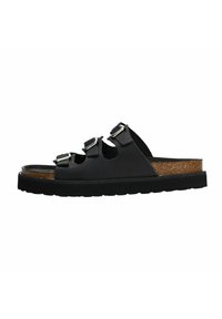 Zwarte leren sandalen met drie verstelbare banden, kurken voetbed en een dikke, gestructureerde zwarte rubberen zool. Minimalistisch ontwerp.
