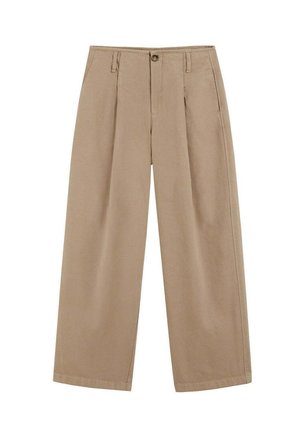 Pantalones de pierna ancha beige con una cintura alta, pliegues en la parte delantera y bolsillos laterales. Elaborados con una tela texturizada. Cierre de botón en la parte delantera.