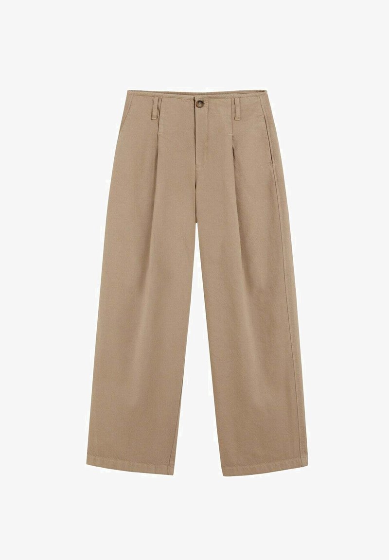 Beige wijde broek met hoge taille, plooien aan de voorkant en zijzakken. Gemaakt van een textuurstof. Voorzijde knoopsluiting.