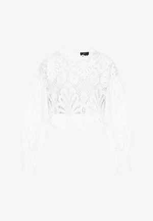 Biała krótka bluzka z misternymi koronkowymi detalami, długimi bufkami rękawami oraz okrągłym dekoltem ze scallopowymi brzegami.