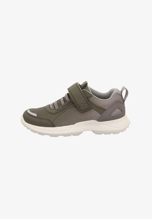 Grauer Sportschuh aus Netz- und Synthetikmaterial, mit Klettverschluss, gepolstertem Kragen und einer weißen strukturierten Außensohle.