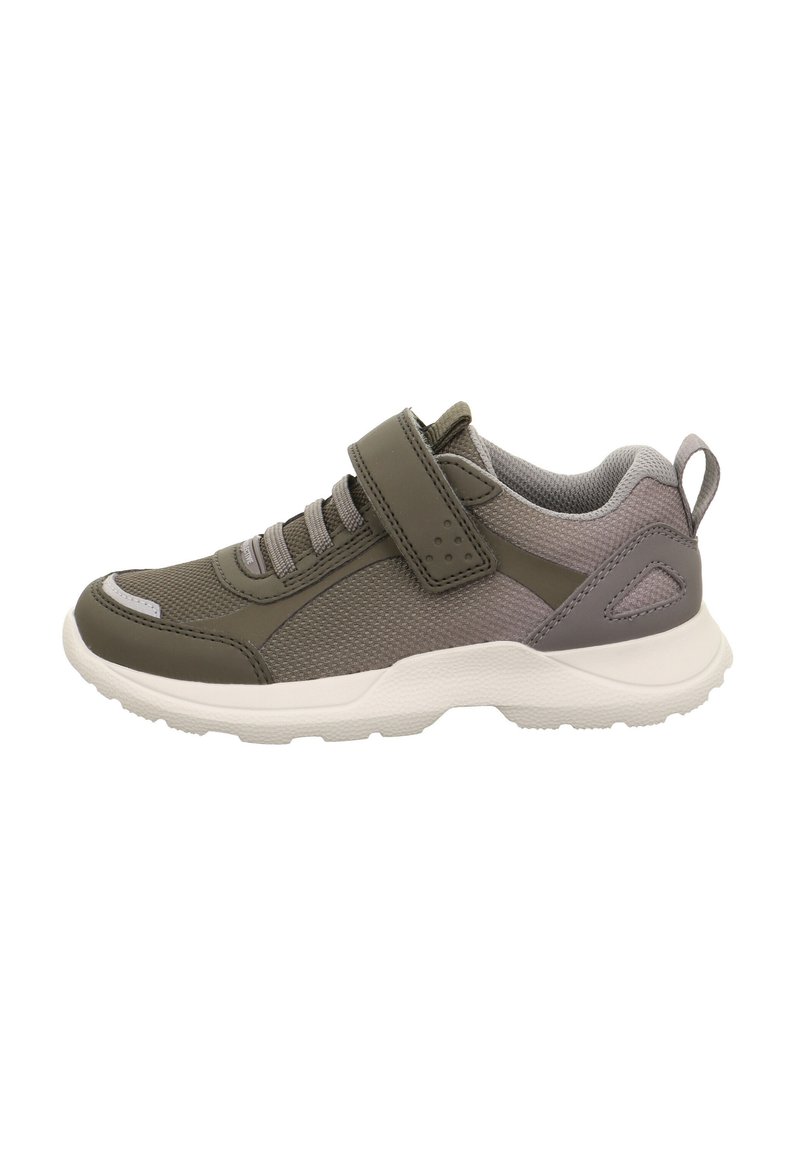 Grauer Sportschuh aus Netz- und Synthetikmaterial, mit Klettverschluss, gepolstertem Kragen und einer weißen strukturierten Außensohle.