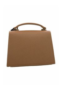 Borsa a mano strutturata marrone con superficie testurizzata e manico superiore. Presenta dettagli in metallo dorato e linee nette e decise.