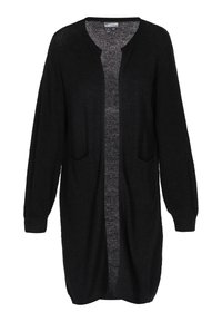 Schwarze Strickjacke mit langen Ärmeln, offenem Frontbereich, zwei vorderen Taschen und strukturierter Optik. Leichtes Material, knielange Passform.