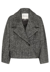 Svart och vit houndstooth-mönstrad kort jacka med bred krage, dubbelknäppt knäppning och släta svarta foder.