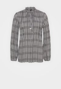 Czarna i biała koszula w kratę z długim rękawem, z falbaniastym dekoltem i detalem w postaci wiązania. Tkanina ma miękką teksturę z wzorzystym designem.