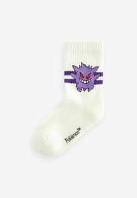 Weißer Baumwollsocken mit gerippter Textur, versehen mit einem lila Gengar-Design und zwei horizontalen lila Streifen. Branding an der Sohle.