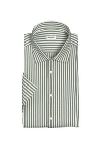 Groen en wit gestreept overhemd, gemaakt van gladde stof, met een spread collar en drie knopen aan de voorkant, keurig gevouwen.