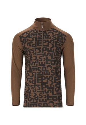 Braunes langärmliges Zip-Up-Oberteil mit hohem Kragen und schwarzen Buchstaben, die ein zerstreutes Muster auf der Vorderseite und den oberen Ärmeln bilden.