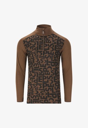 Braunes langärmliges Zip-Up-Oberteil mit hohem Kragen und schwarzen Buchstaben, die ein zerstreutes Muster auf der Vorderseite und den oberen Ärmeln bilden.