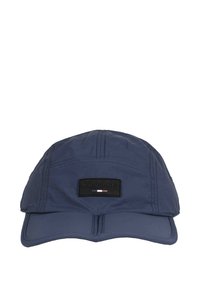 Caciulă bleu marin, confecționată dintr-un material ușor, având un design cusut, o vizieră plată și un patch dreptunghiular negru cu numele brandului.
