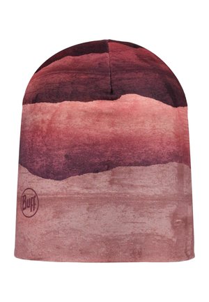 Weiche Stoffmütze mit horizontalen Farbverlaufsstreifen in verschiedenen Rot- und Rosatönen, mit einem kleinen Buff-Logo nahe dem unteren Rand.