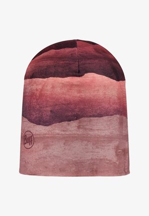 Weiche Stoffmütze mit horizontalen Farbverlaufsstreifen in verschiedenen Rot- und Rosatönen, mit einem kleinen Buff-Logo nahe dem unteren Rand.