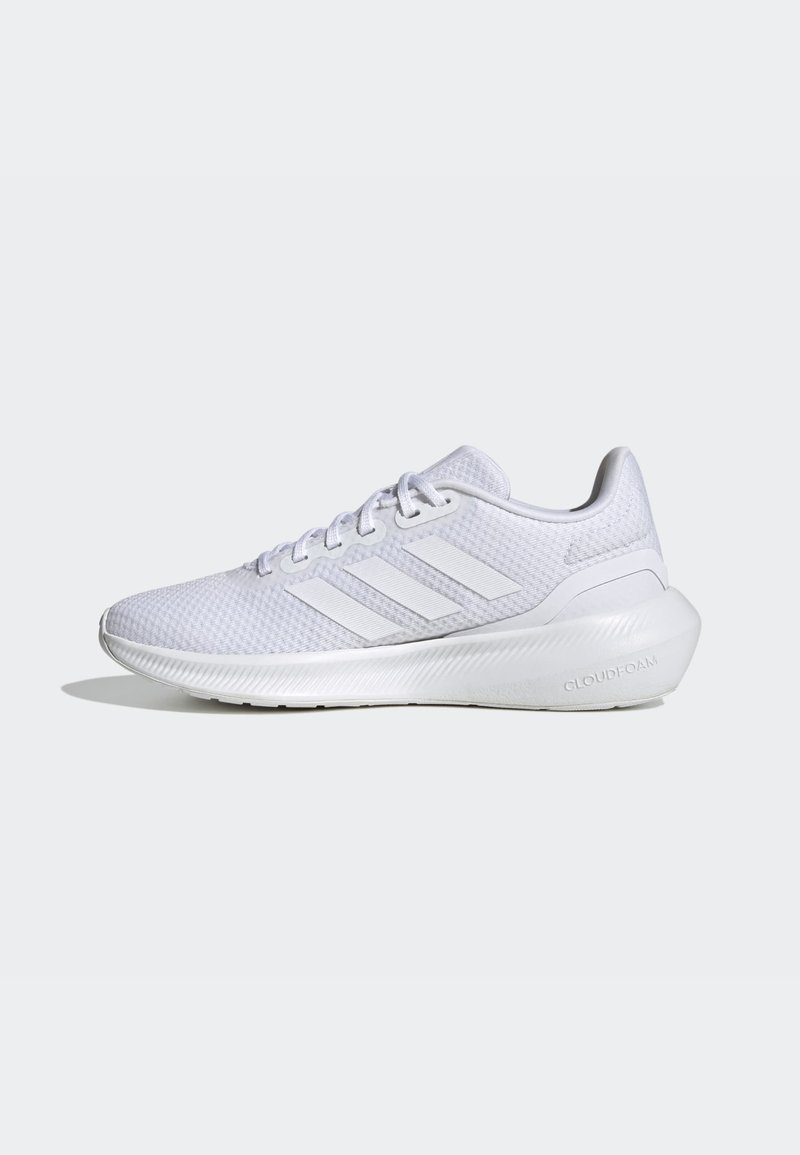 White athletic shoe with a mesh upper, three horizontal stripes, cushioned sole, and "CLOUDFOAM" branding on the heel.