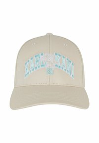 Beige cap with a structured design, featuring a curved brim and embroidered "KARL KANI" logo in aqua and white. Notable stitching details.