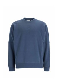 Felpa blu realizzata in tessuto morbido; presenta un collo rotondo, maniche lunghe e un logo minimal stampato sul petto. Vestibilità semplice e rilassata.