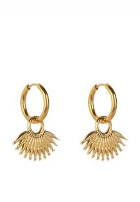 Orecchini a cerchio in oro con un design a raggiera, caratterizzati da raggi allungati, accenti testurizzati e una finitura liscia sul cerchio.