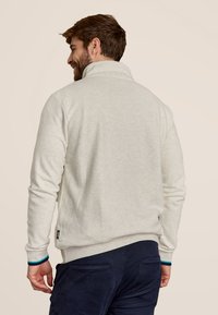Lichtgrijze fleece pullover met een hoge kraag, geribde manchetten en een zijsplit aan de onderkant. Accenten omvatten een blauwe streep op de manchetten.