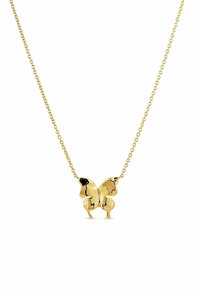 Pendente a forma di farfalla in oro su una delicata catena, con una finitura lucida e accenti neri, che mette in mostra un design tridimensionale.